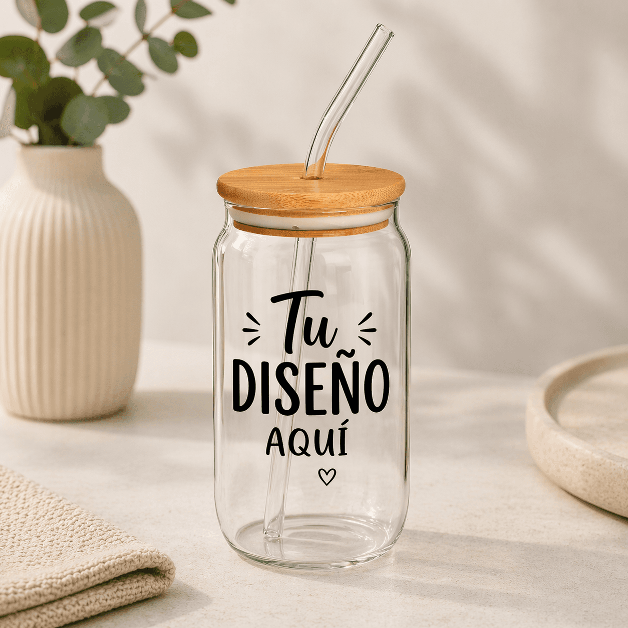 Vaso de Vidrio 500 ml con tapa y bombilla